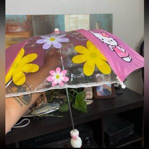 Vintage Pink and Clear Hello Kitty Umbrella with Floral Design